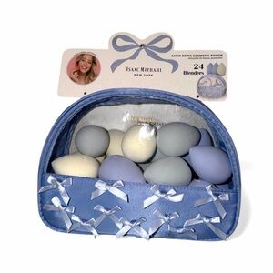 NEW Isaac Mizrahi 24 Facial Blenders Set & Satin Bow Cosmetic Makeup Bag Pouch